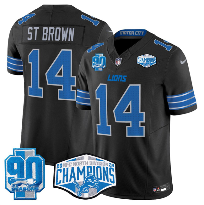 Men's Detroit Lions #14 Amon-Ra St. Brown Black 2024 NFC North Champions 90th Anniversary Patch F.U.S.E. Vapor Limi...