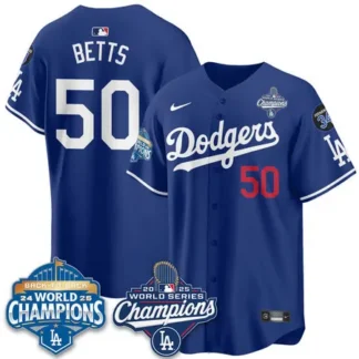 Youth Los Angeles Dodgers #50 Mookie Betts Royal 2025 World Series Champions Jersey