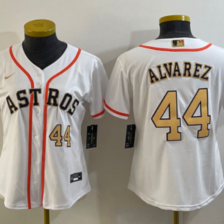 Women's Houston Astros #44 Yordan Alvarez Number 2023 White Gold World Serise Champions Patch Cool Base Stitched Je...