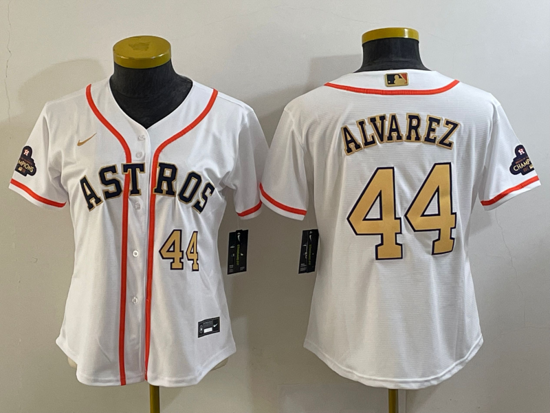 Women's Houston Astros #44 Yordan Alvarez Number 2023 White Gold World Serise Champions Patch Cool Base Stitched Je...