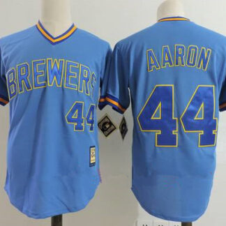 Size 5XL Men's Milwaukee Brewers #44 Hank Aaron Light Blue Pullover Throwback Cooperstown Collection Stitched MLB M...