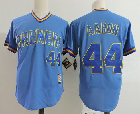 Size 5XL Men's Milwaukee Brewers #44 Hank Aaron Light Blue Pullover Throwback Cooperstown Collection Stitched MLB M...